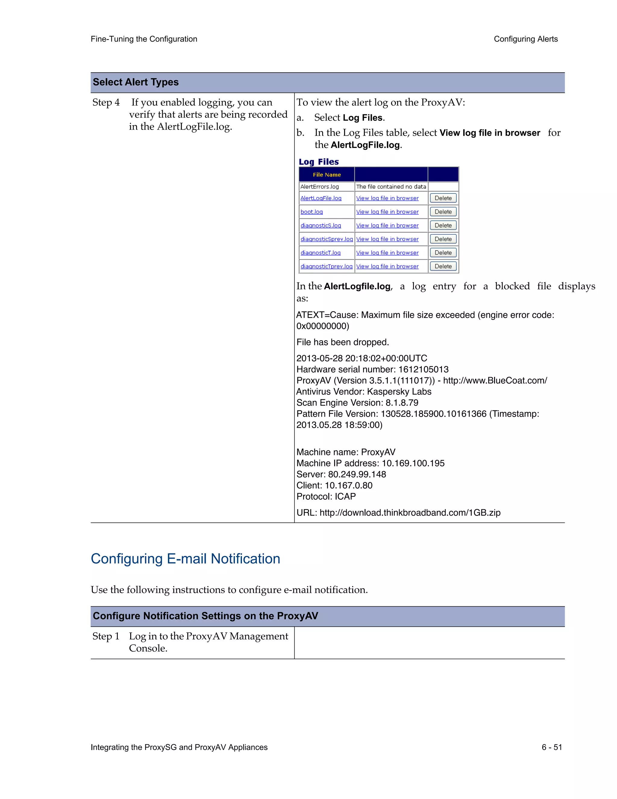 Integrating the ProxySG and ProxyAV Appliances 6 - 51
Fine-Tuning the Configuration Configuring Alerts
Configuring E-mail Notification
Use the following instructions to configure e-mail notification.
Step 4 If you enabled logging, you can
verify that alerts are being recorded
in the AlertLogFile.log.
To view the alert log on the ProxyAV:
a. Select Log Files.
b. In the Log Files table, select View log file in browser for
the AlertLogFile.log.
In the AlertLogfile.log, a log entry for a blocked file displays
as:
ATEXT=Cause: Maximum file size exceeded (engine error code:
0x00000000)
File has been dropped.
2013-05-28 20:18:02+00:00UTC
Hardware serial number: 1612105013
ProxyAV (Version 3.5.1.1(111017)) - http://www.BlueCoat.com/
Antivirus Vendor: Kaspersky Labs
Scan Engine Version: 8.1.8.79
Pattern File Version: 130528.185900.10161366 (Timestamp:
2013.05.28 18:59:00)
Machine name: ProxyAV
Machine IP address: 10.169.100.195
Server: 80.249.99.148
Client: 10.167.0.80
Protocol: ICAP
URL: http://download.thinkbroadband.com/1GB.zip
Configure Notification Settings on the ProxyAV
Step 1 Log in to the ProxyAV Management
Console.
Select Alert Types
 
