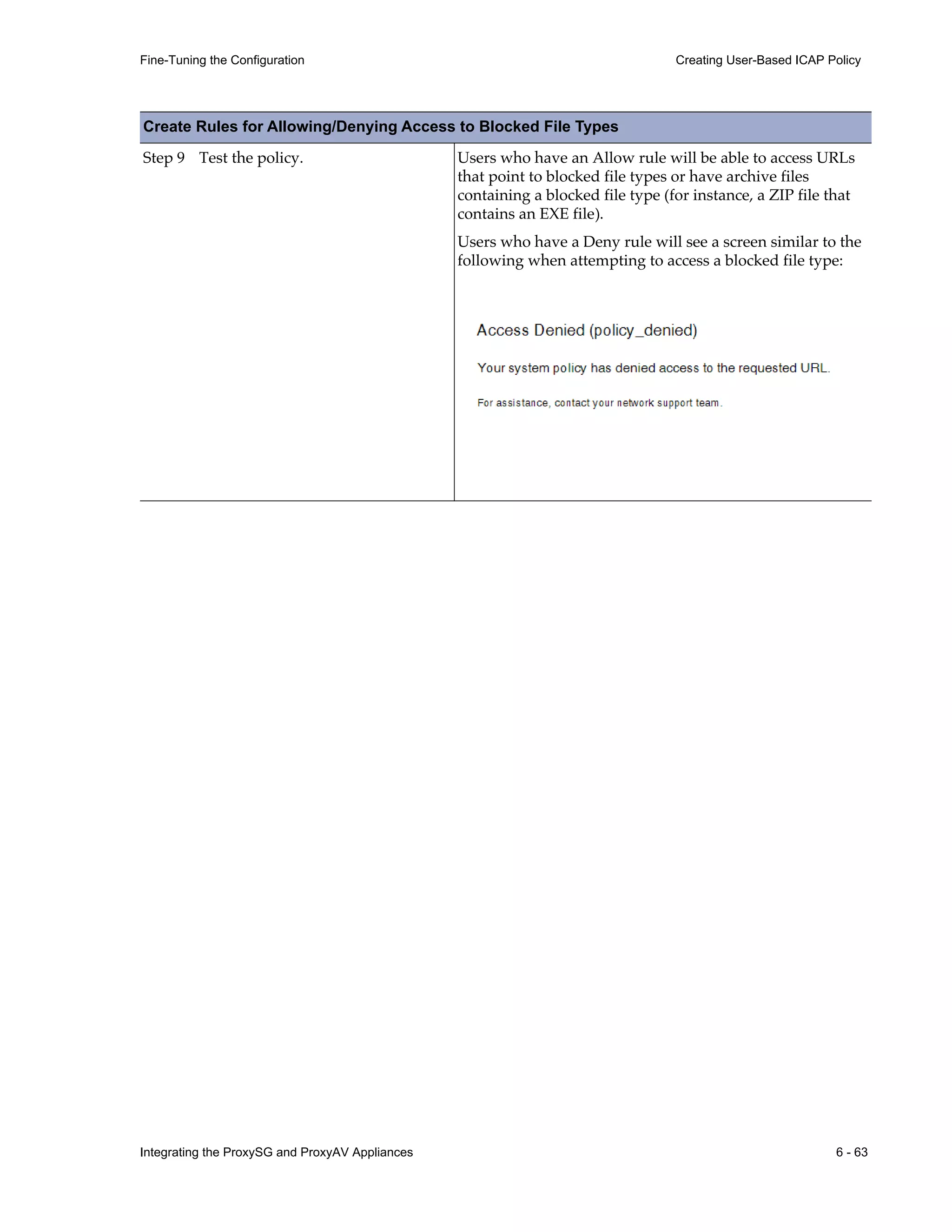 Integrating the ProxySG and ProxyAV Appliances 6 - 63
Fine-Tuning the Configuration Creating User-Based ICAP Policy
Step 9 Test the policy. Users who have an Allow rule will be able to access URLs
that point to blocked file types or have archive files
containing a blocked file type (for instance, a ZIP file that
contains an EXE file).
Users who have a Deny rule will see a screen similar to the
following when attempting to access a blocked file type:
Create Rules for Allowing/Denying Access to Blocked File Types
 