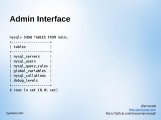 @proxysql
http://proxysql.com
https://github.com/sysown/proxysql/sysown.com
Admin Interface
mysql> SHOW TABLES FROM main;
+-------------------+
| tables |
+-------------------+
| mysql_servers |
| mysql_users |
| mysql_query_rules |
| global_variables |
| mysql_collations |
| debug_levels |
+-------------------+
6 rows in set (0.01 sec)
 