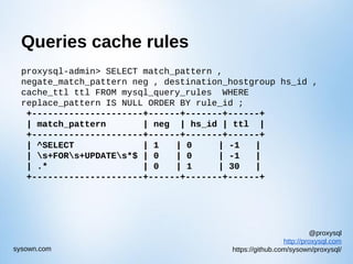 @proxysql
http://proxysql.com
https://github.com/sysown/proxysql/sysown.com
Queries cache rules
proxysql-admin> SELECT match_pattern ,
negate_match_pattern neg , destination_hostgroup hs_id ,
cache_ttl ttl FROM mysql_query_rules WHERE
replace_pattern IS NULL ORDER BY rule_id ;
+---------------------+------+-------+------+
| match_pattern | neg | hs_id | ttl |
+---------------------+------+-------+------+
| ^SELECT | 1 | 0 | -1 |
| s+FORs+UPDATEs*$ | 0 | 0 | -1 |
| .* | 0 | 1 | 30 |
+---------------------+------+-------+------+
 