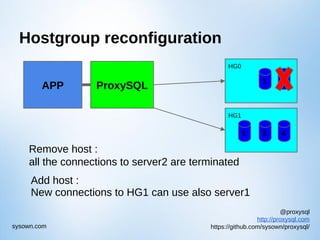 @proxysql
http://proxysql.com
https://github.com/sysown/proxysql/sysown.com
Hostgroup reconfiguration
HG0
HG1
1
43
ProxySQLAPP 2
Remove host :
all the connections to server2 are terminated
1
Add host :
New connections to HG1 can use also server1
 