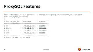 © 2019 Percona28
ProxySQL Features
PXC: admin@127.0.0.1 ((none)) > select hostgroup_id,hostname,status from
runtime_mysql_servers;
+--------------+--------------+---------+
| hostgroup_id | hostname | status |
+--------------+--------------+---------+
| 101 | 172.16.2.181 | ONLINE |
| 9101 | 172.16.1.54 | SHUNNED |
| 9101 | 172.16.3.136 | SHUNNED |
| 100 | 172.16.2.181 | ONLINE |
+--------------+--------------+---------+
4 rows in set (0.00 sec)
 