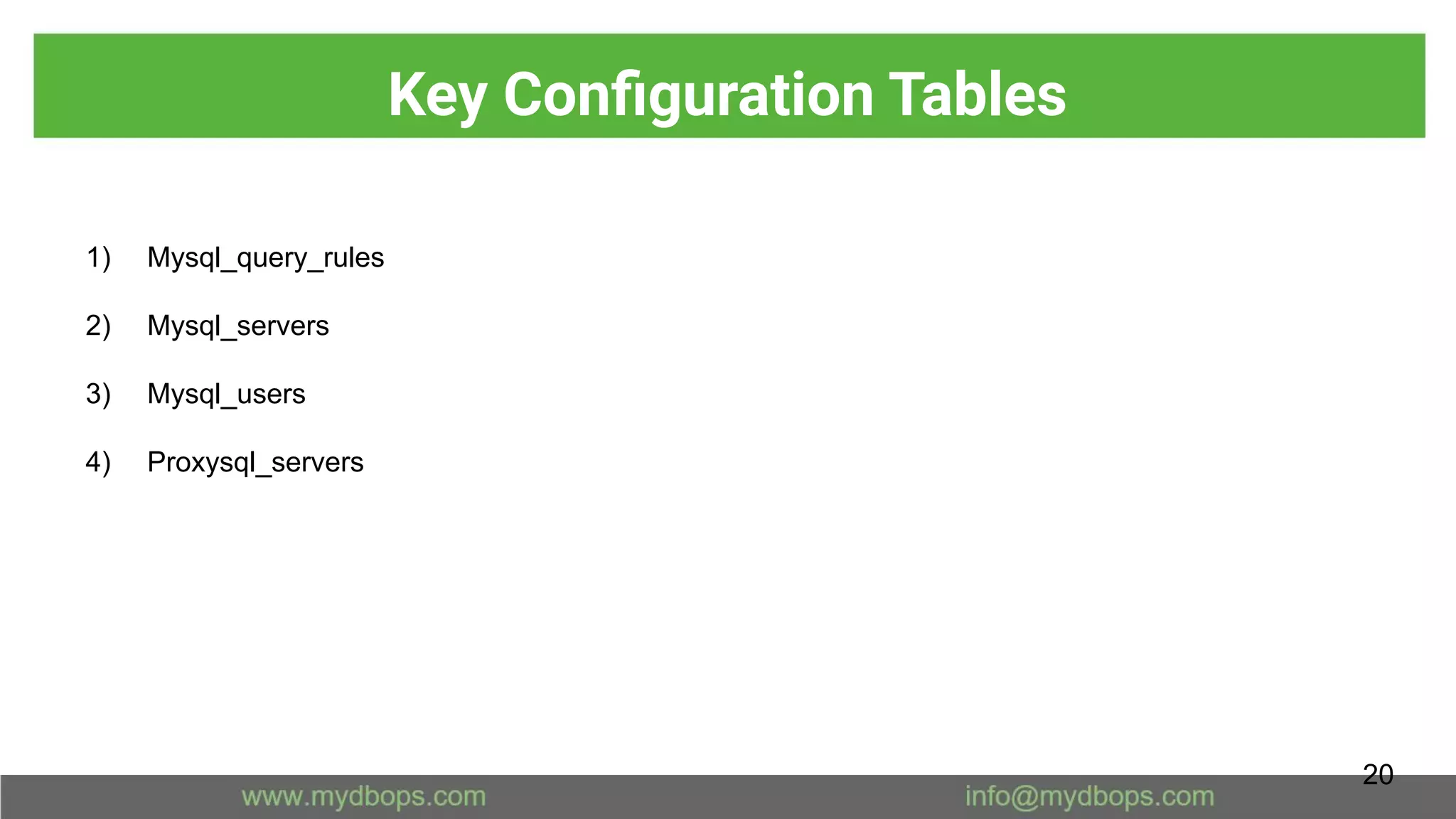1) Mysql_query_rules
2) Mysql_servers
3) Mysql_users
4) Proxysql_servers
Key Conﬁguration Tables
20
 