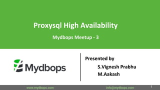 Proxysql High Availability
Mydbops Meetup - 3
Presented by
S.Vignesh Prabhu
M.Aakash
www.mydbops.com info@mydbops.com 1
 