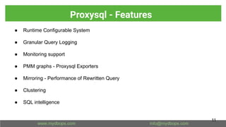 Proxysql - Features
● Runtime Configurable System
● Granular Query Logging
● Monitoring support
● PMM graphs - Proxysql Exporters
● Mirroring - Performance of Rewritten Query
● Clustering
● SQL intelligence
11
 