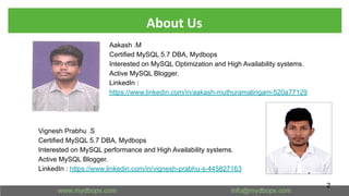 About Us
2
Aakash .M
Certified MySQL 5.7 DBA, Mydbops
Interested on MySQL Optimization and High Availability systems.
Active MySQL Blogger.
LinkedIn :
https://www.linkedin.com/in/aakash-muthuramalingam-520a77129
Vignesh Prabhu .S
Certified MySQL 5.7 DBA, Mydbops
Interested on MySQL performance and High Availability systems.
Active MySQL Blogger.
LinkedIn : https://www.linkedin.com/in/vignesh-prabhu-s-445827163
 