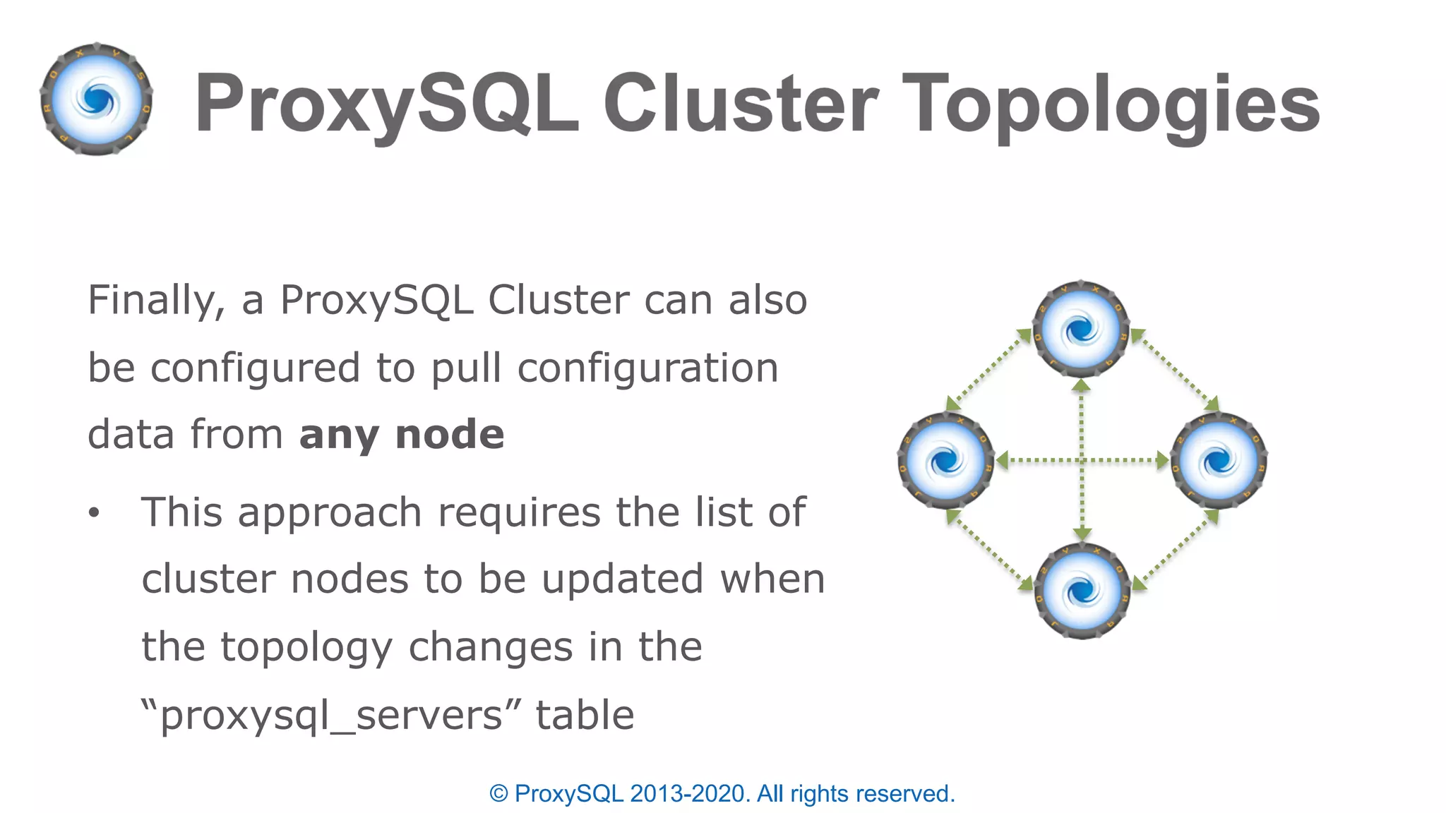 © ProxySQL 2013-2020. All rights reserved.
Finally, a ProxySQL Cluster can also
be configured to pull configuration
data from any node
• This approach requires the list of
cluster nodes to be updated when
the topology changes in the
“proxysql_servers” table
 