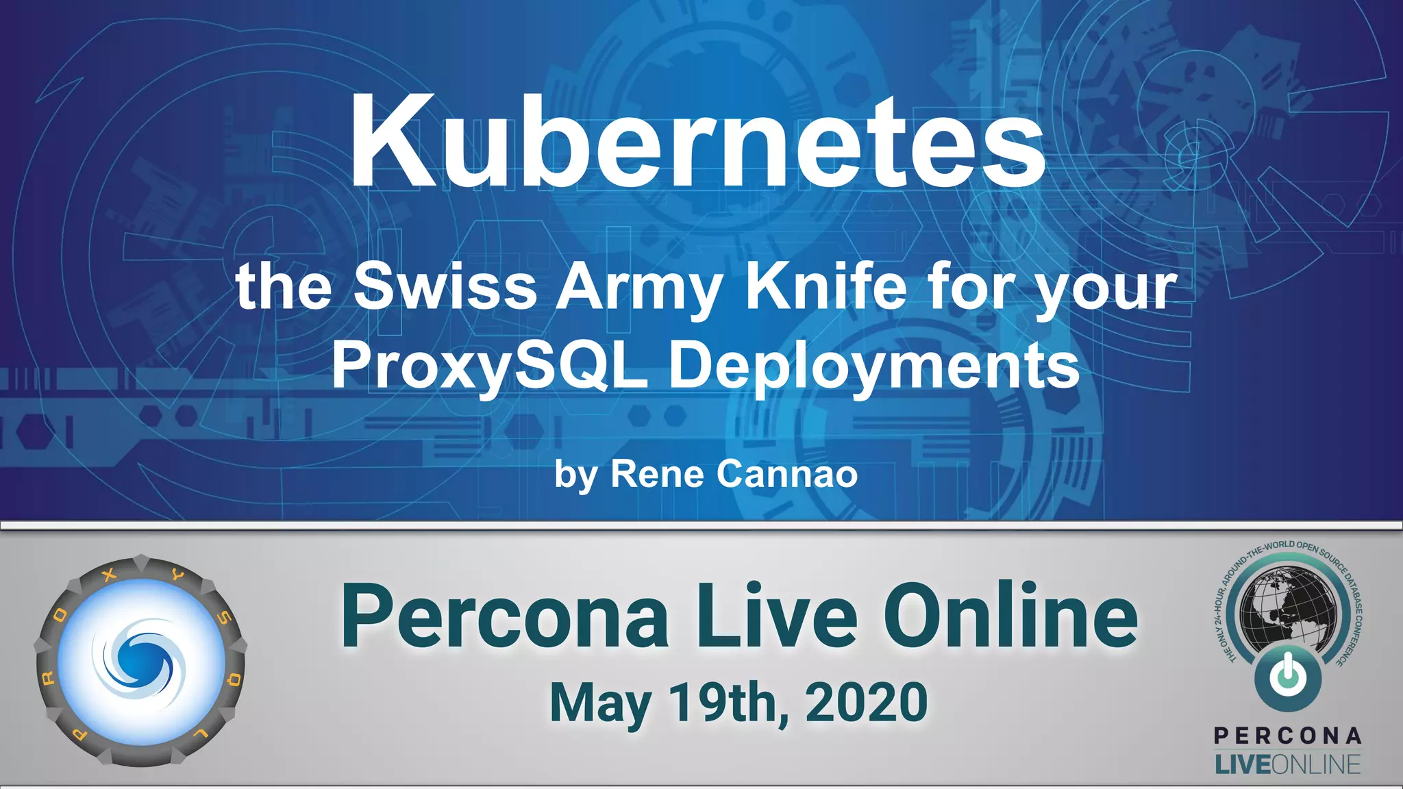 Kubernetes
Percona Live Online
May 19th, 2020
the Swiss Army Knife for your
ProxySQL Deployments
by Rene Cannao
 