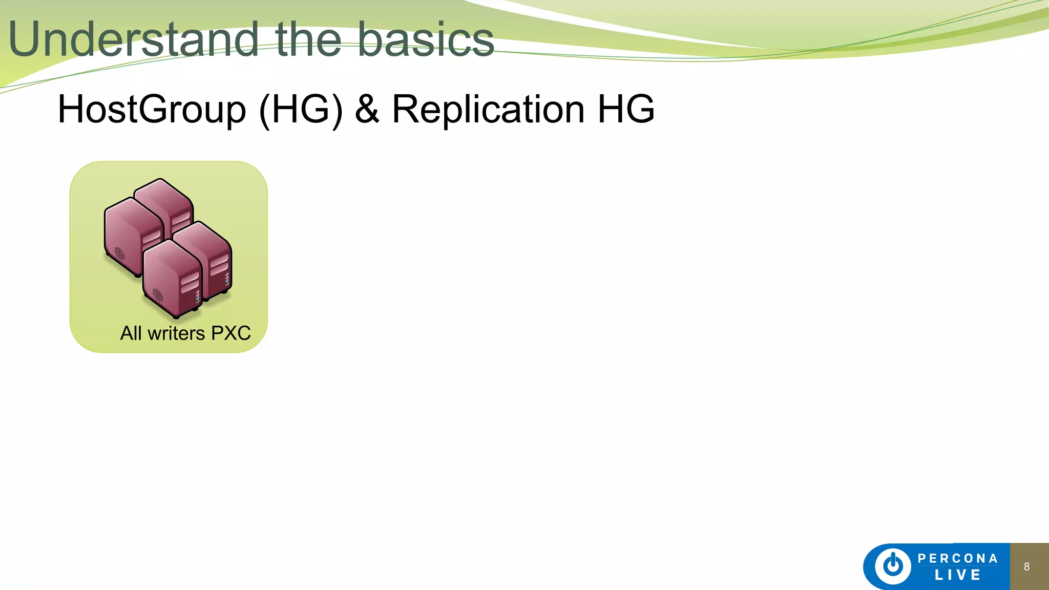 8
HostGroup (HG) & Replication HG
Understand the basics
All writers PXC
 