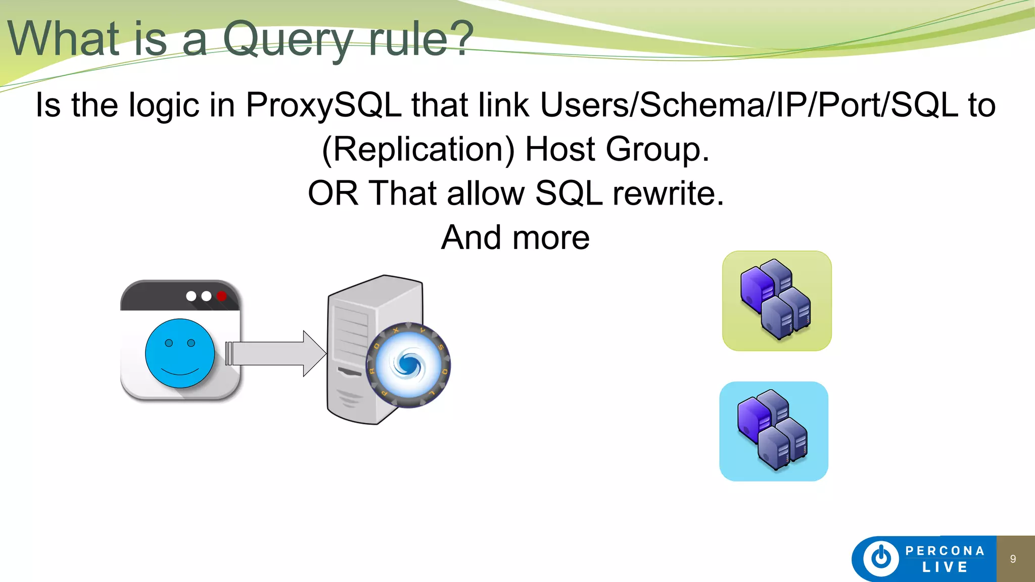9
Is the logic in ProxySQL that link Users/Schema/IP/Port/SQL to
(Replication) Host Group.
OR That allow SQL rewrite.
And more
What is a Query rule?
 