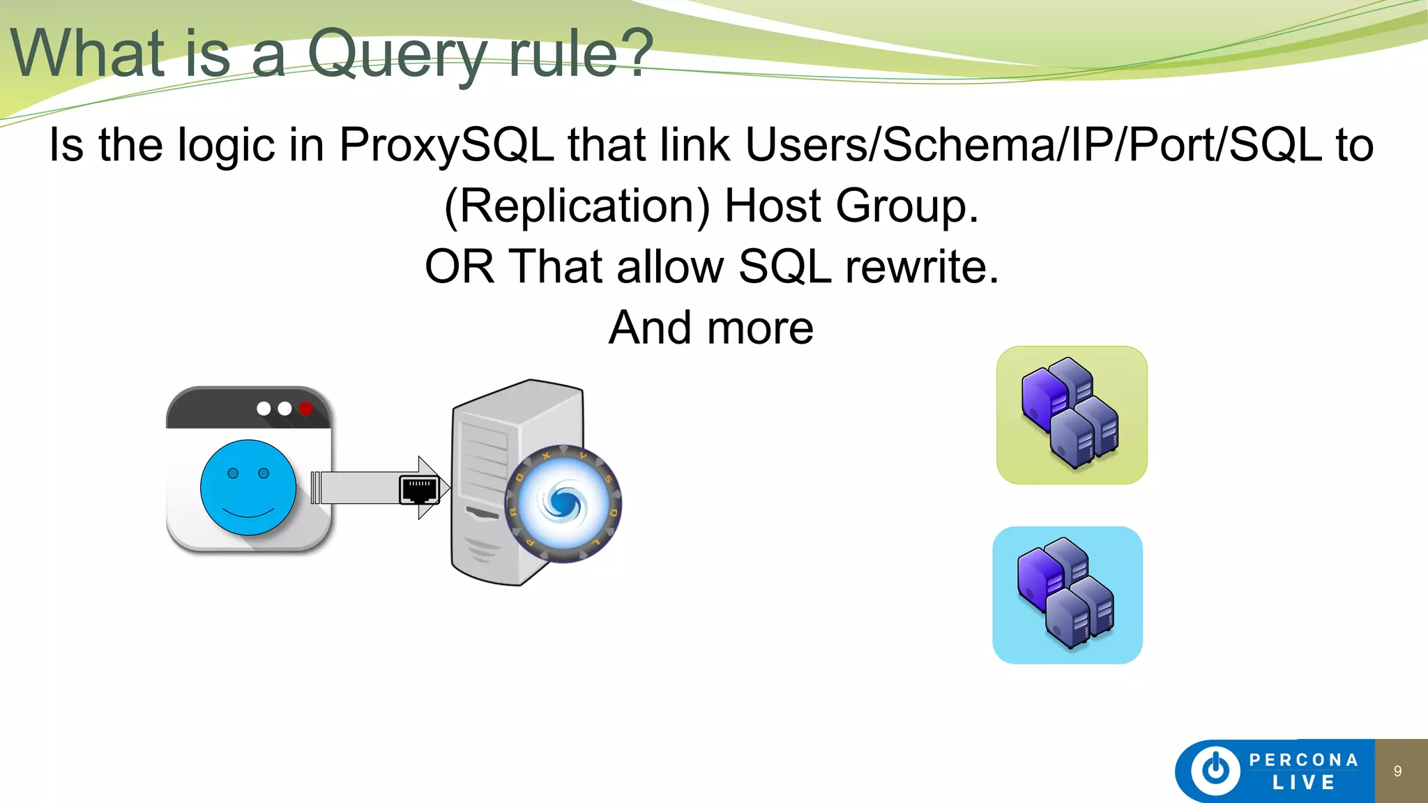 9
Is the logic in ProxySQL that link Users/Schema/IP/Port/SQL to
(Replication) Host Group.
OR That allow SQL rewrite.
And more
What is a Query rule?
 