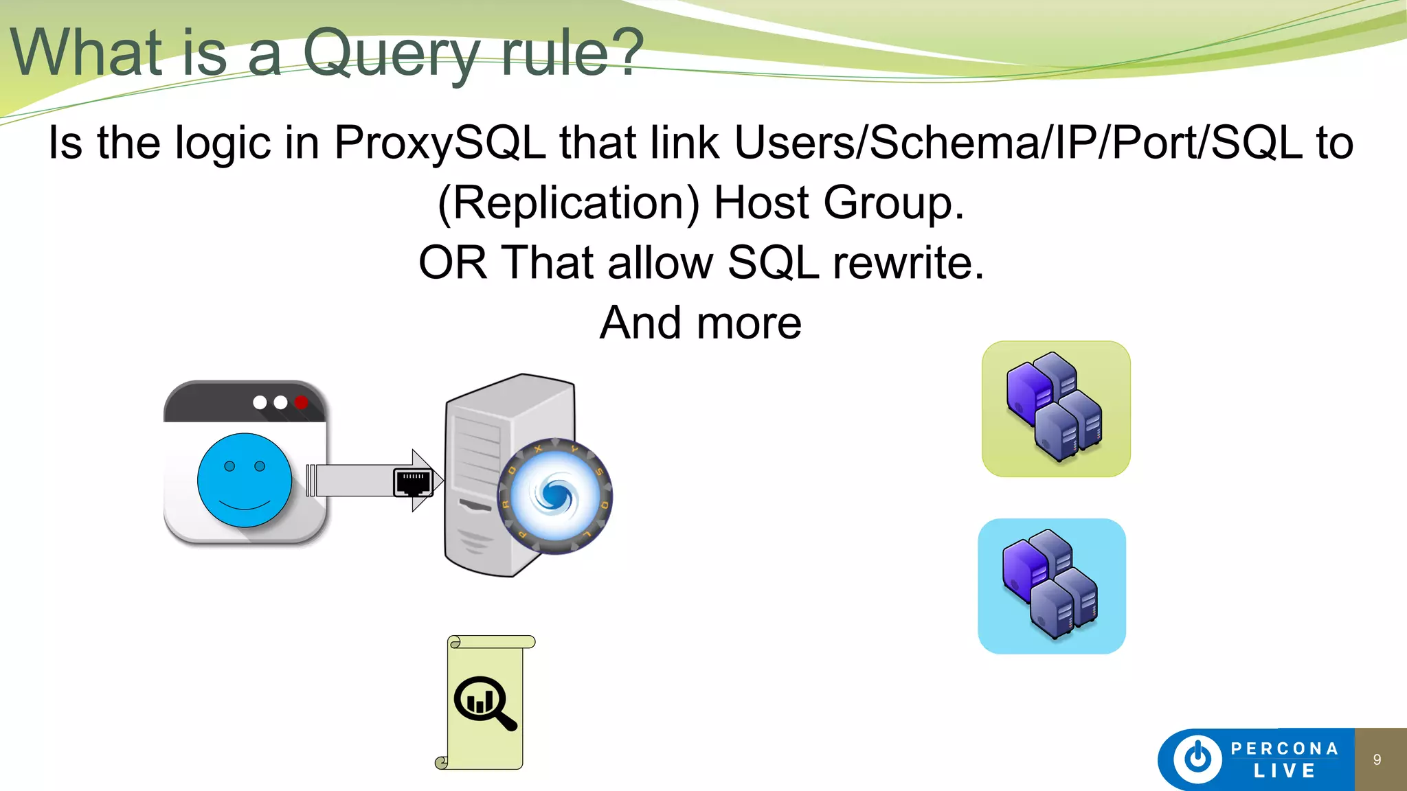 9
Is the logic in ProxySQL that link Users/Schema/IP/Port/SQL to
(Replication) Host Group.
OR That allow SQL rewrite.
And more
What is a Query rule?
 