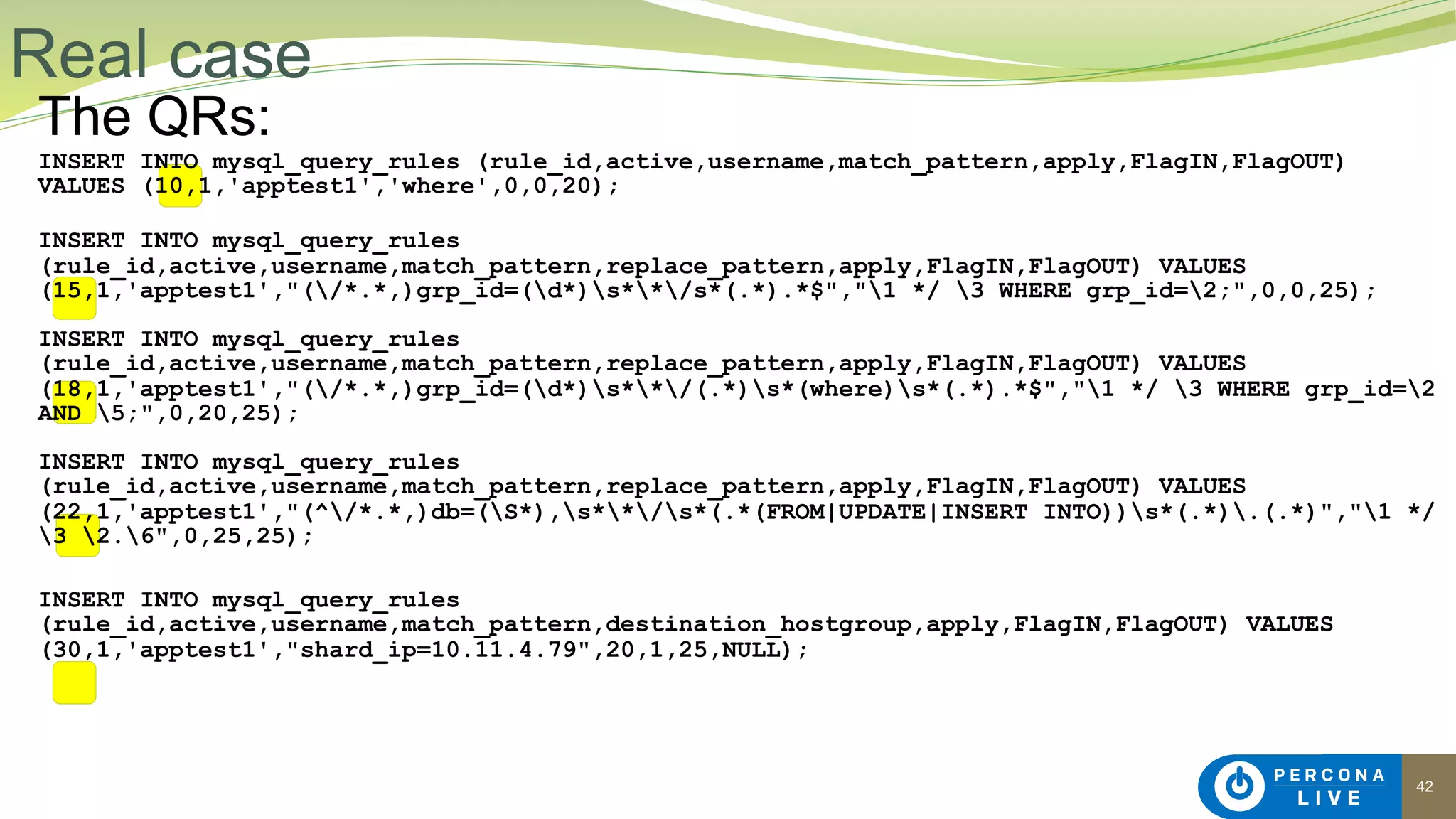 42
The QRs:
INSERT INTO mysql_query_rules (rule_id,active,username,match_pattern,apply,FlagIN,FlagOUT)
VALUES (10,1,'apptest1','where',0,0,20);
 
INSERT INTO mysql_query_rules
(rule_id,active,username,match_pattern,replace_pattern,apply,FlagIN,FlagOUT) VALUES
(15,1,'apptest1',"(/*.*,)grp_id=(d*)s**/s*(.*).*$","1 */ 3 WHERE grp_id=2;",0,0,25); 
 
INSERT INTO mysql_query_rules
(rule_id,active,username,match_pattern,replace_pattern,apply,FlagIN,FlagOUT) VALUES
(18,1,'apptest1',"(/*.*,)grp_id=(d*)s**/(.*)s*(where)s*(.*).*$","1 */ 3 WHERE grp_id=2
AND 5;",0,20,25); 
 
INSERT INTO mysql_query_rules
(rule_id,active,username,match_pattern,replace_pattern,apply,FlagIN,FlagOUT) VALUES
(22,1,'apptest1',"(^/*.*,)db=(S*),s**/s*(.*(FROM|UPDATE|INSERT INTO))s*(.*).(.*)","1 */
3 2.6",0,25,25);
INSERT INTO mysql_query_rules
(rule_id,active,username,match_pattern,destination_hostgroup,apply,FlagIN,FlagOUT) VALUES
(30,1,'apptest1',"shard_ip=10.11.4.79",20,1,25,NULL);
Real case
 