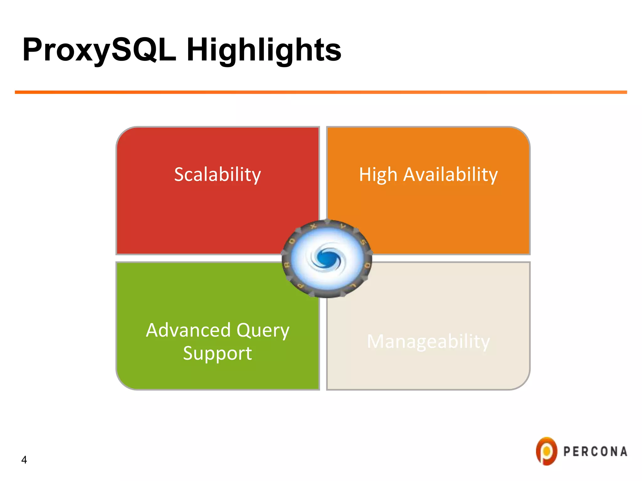 4
ProxySQL Highlights
Scalability High Availability
Advanced Query
Support
Manageability
 