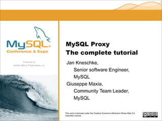MySQL Proxy
                                   The complete tutorial
                                    Jan Kneschke,
         Presented by,
MySQL AB® & O’Reilly Media, Inc.

                                       Senior software Engineer,
                                       MySQL
                                    Giuseppe Maxia,
                                       Community Team Leader,
                                       MySQL

                                   This work is licensed under the Creative Commons Attribution-Share Alike 3.0
                                   Unported License.
 
