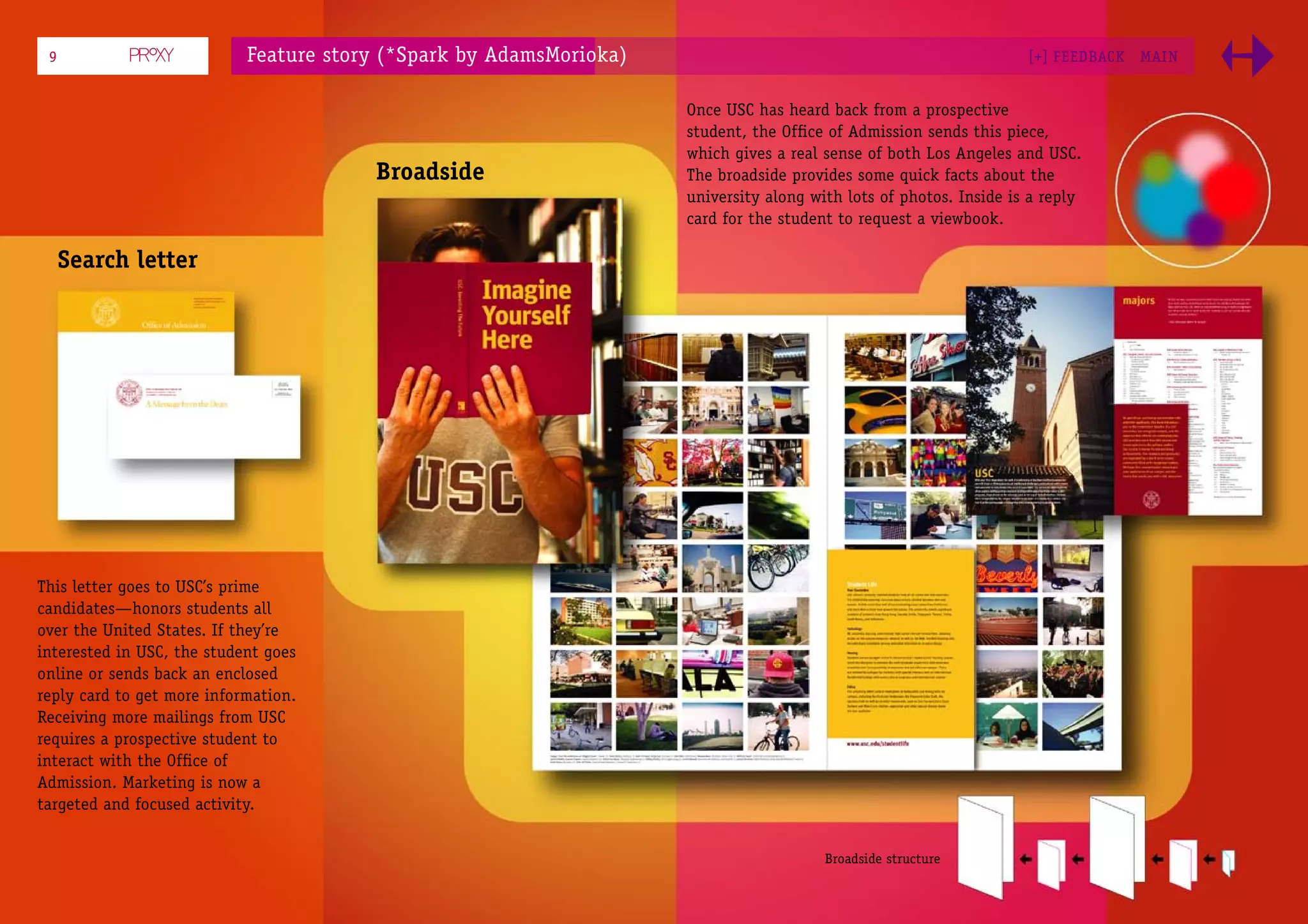 9                          Feature story (*Spark by AdamsMorioka)                                                  [+] FEEDBACK   MAI N


                                                                     Once USC has heard back from a prospective
                                                                     student, the Ofﬁce of Admission sends this piece,
                                                                     which gives a real sense of both Los Angeles and USC.
                                        Broadside                    The broadside provides some quick facts about the
                                                                     university along with lots of photos. Inside is a reply
                                                                     card for the student to request a viewbook.

     Search letter




This letter goes to USC’s prime
candidates—honors students all
over the United States. If they’re
interested in USC, the student goes
online or sends back an enclosed
reply card to get more information.
Receiving more mailings from USC
requires a prospective student to
interact with the Ofﬁce of
Admission. Marketing is now a
targeted and focused activity.


                                                                                        Broadside structure
 