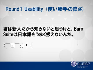 Round1 Usability (使い勝手の良さ) 
君は新人だから知らないと思うけど、Burp Suiteは日本語をうまく扱えないんだ。 
（￣□￣；）！！  