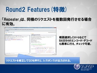 Round2 Features(特徴) 
「Repeater」は、同様のリクエストを複数回発行させる場合 に有効。 
リクエストを修正してGOを押すと、レスポンスが出力される。 
範囲選択しCtrl+bなどで BASE64のエンコード・デコード も簡単に行え、チェック可能。  