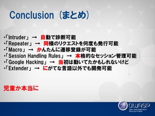 Conclusion (まとめ) 
・「Intruder」 → 自動で診断可能 
・「Repeater」 → 同様のリクエストを何度も発行可能 
・「Macro」 → かんたんに遷移登録が可能 
・「Session Handling Rules」 → 本格的なセッション管理可能 
・「Google Hacking」 → 当初は動いてたかもしれないけど 
・「Extender」 → にがてな言語以外でも開発可能 
児童か本当に  