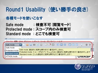 Round1 Usability (使い勝手の良さ) 
各種モードを使いこなす 
Safe mode : 検査不可(閲覧モード) 
Protected mode : スコープ内のみ検査可 
Standard mode : どこでも検査可  