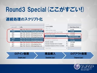 Round3 Special(ここがすごい!) 
ログイン処理 (login.jsp) 
商品購入 
(basket.jsp) 
ログアウト処理 
(logout.jsp) 
連続処理のスクリプト化  