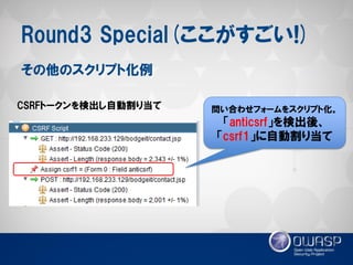 Round3 Special(ここがすごい!) 
その他のスクリプト化例 
CSRFトークンを検出し自動割り当て 
問い合わせフォームをスクリプト化。 
「anticsrf」を検出後、 
「csrf1」に自動割り当て  