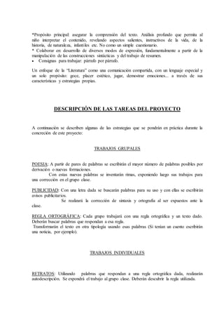 *Propósito principal: asegurar la comprensión del texto. Análisis profundo que permita al
niño interpretar el contenido, revelando aspectos salientes, instructivos de la vida, de la
historia, de naturaleza, infantiles etc. No como un simple cuestionario.
* Colaborar en: desarrollo de diversos modos de expresión, fundamentalmente a partir de la
manipulación de las construcciones sintácticas y del trabajo de resumen.
 Consignas para trabajar: párrafo por párrafo.
Un enfoque de la “Literatura” como una comunicación compartida, con un lenguaje especial y
un solo propósito: goce, placer estético, jugar, demostrar emociones... a través de sus
características y estrategias propias.
DESCRIPCIÓN DE LAS TAREAS DEL PROYECTO
A continuación se describen algunas de las estrategias que se pondrán en práctica durante la
concreción de este proyecto:
TRABAJOS GRUPALES
POESIA: A partir de pares de palabras se escribirán el mayor número de palabras posibles por
derivación o nuevas formaciones.
Con estas nuevas palabras se inventarán rimas, exponiendo luego sus trabajos para
una corrección en el grupo clase.
PUBLICIDAD: Con una letra dada se buscarán palabras para su uso y con ellas se escribirán
avisos publicitarios.
Se realizará la corrección de sintaxis y ortografía al ser expuestos ante la
clase.
REGLA ORTOGRÁFICA: Cada grupo trabajará con una regla ortográfica y un texto dado.
Deberán buscar palabras que respondan a esa regla.
Transformarán el texto en otra tipología usando esas palabras (Si tenían un cuento escribirán
una noticia, por ejemplo).
TRABAJOS INDIVIDUALES
RETRATOS: Utilizando palabras que respondan a una regla ortográfica dada, realizarán
autodescripción. Se expondrá el trabajo al grupo clase. Deberán descubrir la regla utilizada.
 