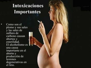 Intoxicaciones
         Importantes

•   Como son el
    plomo y sus sales
    y las sales de
    sulfuro de
    carbono causan
    abortos y
    esterilidad.
    El alcoholismo es
    una causa
    importante en el
    aborto y
    producción de
    lesiones
    degenerativas en
    el feto.
 