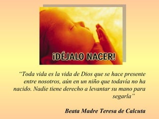 “Toda vida es la vida de Dios que se hace presente
    entre nosotros, aún en un niño que todavía no ha
nacido. Nadie tiene derecho a levantar su mano para
                                        segarla”

                    Beata Madre Teresa de Calcuta
 