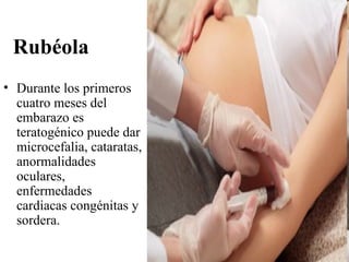 Rubéola
• Durante los primeros
  cuatro meses del
  embarazo es
  teratogénico puede dar
  microcefalia, cataratas,
  anormalidades
  oculares,
  enfermedades
  cardiacas congénitas y
  sordera.
 