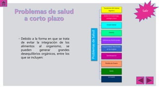 Salir
◦ Debido a la forma en que se trata
de evitar la integración de los
alimentos al organismo, se
pueden generar grandes
desequilibrios orgánicos, entre los
que se incluyen:
ProblemasdeSalud
Transtornos del sistema
digestivo
Daños en el estómago,
esófago y boca
Erosión dental
Anemia
Deficiencias Nutrifcionales
Irregularidades Menstruales
en las mujeres
Deshidratación
Pérdida de Potasio
Estrés
La muerte
 