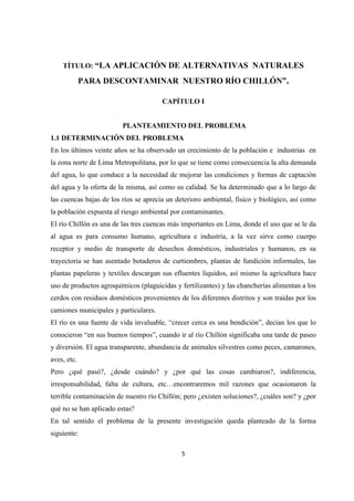 5
TÍTULO: “LA APLICACIÓN DE ALTERNATIVAS NATURALES
PARA DESCONTAMINAR NUESTRO RÍO CHILLÓN”.
CAPÍTULO I
PLANTEAMIENTO DEL PROBLEMA
1.1 DETERMINACIÓN DEL PROBLEMA
En los últimos veinte años se ha observado un crecimiento de la población e industrias en
la zona norte de Lima Metropolitana, por lo que se tiene como consecuencia la alta demanda
del agua, lo que conduce a la necesidad de mejorar las condiciones y formas de captación
del agua y la oferta de la misma, así como su calidad. Se ha determinado que a lo largo de
las cuencas bajas de los ríos se aprecia un deterioro ambiental, físico y biológico, así como
la población expuesta al riesgo ambiental por contaminantes.
El río Chillón es una de las tres cuencas más importantes en Lima, donde el uso que se le da
al agua es para consumo humano, agricultura e industria, a la vez sirve como cuerpo
receptor y medio de transporte de desechos domésticos, industriales y humanos, en su
trayectoria se han asentado botaderos de curtiembres, plantas de fundición informales, las
plantas papeleras y textiles descargan sus efluentes líquidos, así mismo la agricultura hace
uso de productos agroquímicos (plaguicidas y fertilizantes) y las chancherías alimentan a los
cerdos con residuos domésticos provenientes de los diferentes distritos y son traídas por los
camiones municipales y particulares.
El río es una fuente de vida invaluable, “crecer cerca es una bendición”, decían los que lo
conocieron “en sus buenos tiempos”, cuando ir al río Chillón significaba una tarde de paseo
y diversión. El agua transparente, abundancia de animales silvestres como peces, camarones,
aves, etc.
Pero ¿qué pasó?, ¿desde cuándo? y ¿por qué las cosas cambiaron?, indiferencia,
irresponsabilidad, falta de cultura, etc…encontraremos mil razones que ocasionaron la
terrible contaminación de nuestro río Chillón; pero ¿existen soluciones?, ¿cuáles son? y ¿por
qué no se han aplicado estas?
En tal sentido el problema de la presente investigación queda planteado de la forma
siguiente:
 