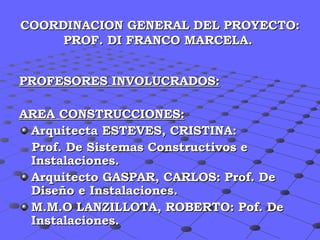 COORDINACION GENERAL DEL PROYECTO: PROF. DI FRANCO MARCELA.  PROFESORES INVOLUCRADOS: AREA CONSTRUCCIONES: Arquitecta ESTEVES, CRISTINA: Prof. De Sistemas Constructivos e Instalaciones. Arquitecto GASPAR, CARLOS: Prof. De Diseño e Instalaciones. M.M.O LANZILLOTA, ROBERTO: Pof. De Instalaciones. 