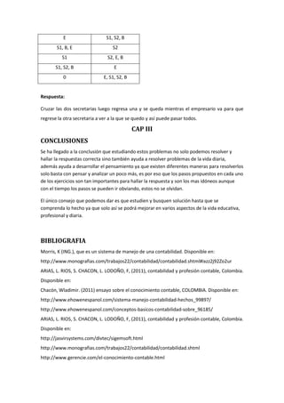 E

S1, S2, B

S1, B, E

S2

S1

S2, E, B

S1, S2, B

E

0

E, S1, S2, B

Respuesta:
Cruzar las dos secretarias luego regresa una y se queda mientras el empresario va para que
regrese la otra secretaria a ver a la que se quedo y así puede pasar todos.

CAP III
CONCLUSIONES
Se ha llegado a la conclusión que estudiando estos problemas no solo podemos resolver y
hallar la respuestas correcta sino también ayuda a resolver problemas de la vida diaria,
además ayuda a desarrollar el pensamiento ya que existen diferentes maneras para resolverlos
solo basta con pensar y analizar un poco más, es por eso que los pasos propuestos en cada uno
de los ejercicios son tan importantes para hallar la respuesta y son los mas idóneos aunque
con el tiempo los pasos se pueden ir obviando, estos no se olvidan.
El único consejo que podemos dar es que estudien y busquen solución hasta que se
comprenda lo hecho ya que solo así se podrá mejorar en varios aspectos de la vida educativa,
profesional y diaria.

BIBLIOGRAFIA
Morris, K (ING.), que es un sistema de manejo de una contabilidad. Disponible en:
http://www.monografias.com/trabajos22/contabilidad/contabilidad.shtml#ixzz2j92Zo2ur
ARIAS, L. RIOS, S. CHACON, L. LODOÑO, F, (2011), contabilidad y profesión contable, Colombia.
Disponible en:
Chacón, Wladimir. (2011) ensayo sobre el conocimiento contable, COLOMBIA. Disponible en:
http://www.ehowenespanol.com/sistema-manejo-contabilidad-hechos_99897/
http://www.ehowenespanol.com/conceptos-basicos-contabilidad-sobre_96185/
ARIAS, L. RIOS, S. CHACON, L. LODOÑO, F, (2011), contabilidad y profesión contable, Colombia.
Disponible en:
http://jasvirsystems.com/divtec/sigemsoft.html
http://www.monografias.com/trabajos22/contabilidad/contabilidad.shtml
http://www.gerencie.com/el-conocimiento-contable.html

 