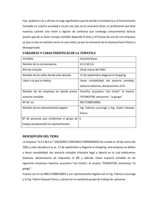 Hoy podemos ver y afirmar el auge significativo que ha tenido la Contaduría y el Conocimiento
Contable en nuestra sociedad y es por eso que no es necesario tener un profesional que lleve
nuestras cuentes sino tener a alguien de confianza que contenga conocimientos básicos
puesto que de un buen manejo contable depende el éxito o el fracaso de una de una empresa,
ya que si esta no existiera seria un caos total, ya que la economía de la empresa fuera ficticia y
desorganizada.

VARIABLES Y CARACTERISTICAS DE LA TEMATICA
Variables

Características

Nombre de la microempresa

A.S.E.M.S.A.

Año de creación

29 de marzo del 2001

Nombre de las calles donde está ubicada

17 de septiembre diagonal al shopping

Labor a la que se dedica

Llevar contabilidad, dar asesoría contable,
elaborar balances, declaraciones al Sri.

Nombre de las empresas en donde presta Favorito, azucarera “san Carlos” el rosario,
asesoría contable

ITEGMOTOR, almacenes “ la ganga”

Nº de ruc

09171988550001

Nombre de los representantes legales

Ing. Fabricio Luzuriaga y Ing. Yadira Vásquez
franco

Nº de personas que conforman el grupo de 5
trabajo exceptuando los representantes

DESCRIPCIÓN DEL TEMA
La empresa “A.S.E.M.S.A.” (ASESORES CONTABLES EMPRENDER) fue creada un 29 de marzo del
2001 y está ubicada en la av. 17 de septiembre y diagonal al shopping, esta empresa se dedica
a llevar contabilidad, dar asesoría contable tributaria legal y laboral en la cual elaboramos
balances, declaraciones de impuestos al SRI y además relaza asesoría contable en las
siguientes empresas: favorito, azucarera “san Carlos”, el rosario, ITEGMOTOR, almacenes “la
ganga”.
Cuenta con el ruc #06171988550001 y sus representantes legales son el Ing. Fabricio Luzuriaga
y la Ing. Yadira Vásquez franco, cuenta con un excelente grupo de trabajo de personas.

 