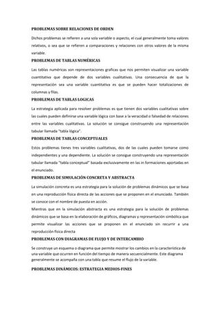 PROBLEMAS SOBRE RELACIONES DE ORDEN
Dichos problemas se refieren a una sola variable o aspecto, el cual generalmente toma valores
relativos, o sea que se refieren a comparaciones y relaciones con otros valores de la misma
variable.
PROBLEMAS DE TABLAS NUMÉRICAS
Las tablas numéricas son representaciones graficas que nos permiten visualizar una variable
cuantitativa que depende de dos variables cualitativas. Una consecuencia de que la
representación sea una variable cuantitativa es que se pueden hacer totalizaciones de
columnas y filas.
PROBLEMAS DE TABLAS LOGICAS
La estrategia aplicada para resolver problemas es que tienen dos variables cualitativas sobre
las cuales pueden definirse una variable lógica con base a la veracidad o falsedad de relaciones
entre las variables cualitativas. La solución se consigue construyendo una representación
tabular llamada “tabla lógica”.
PROBLEMAS DE TABLAS CONCEPTUALES
Estos problemas tienes tres variables cualitativas, dos de las cuales pueden tomarse como
independientes y una dependiente. La solución se consigue construyendo una representación
tabular llamada “tabla conceptual” basada exclusivamente en las in formaciones aportadas en
el enunciado.
PROBLEMAS DE SIMULACIÓN CONCRETA Y ABSTRACTA
La simulación concreta es una estrategia para la solución de problemas dinámicos que se basa
en una reproducción física directa de las acciones que se proponen en el enunciado. También
se conoce con el nombre de puesta en acción.
Mientras que en la simulación abstracta es una estrategia para la solución de problemas
dinámicos que se basa en la elaboración de gráficos, diagramas y representación simbólica que
permite visualizar las acciones que se proponen en el enunciado sin recurrir a una
reproducción física directa
PROBLEMAS CON DIAGRAMAS DE FLUJO Y DE INTERCAMBIO
Se construye un esquema o diagrama que permite mostrar los cambios en la característica de
una variable que ocurren en función del tiempo de manera secuencialmente. Este diagrama
generalmente se acompaña con una tabla que resume el flujo de la variable.
PROBLEMAS DINÁMICOS: ESTRATEGIA MEDIOS-FINES

 