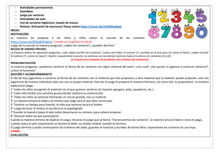 - Actividades permanentes
- Asamblea
- Juego por sectores
- Actividades de aseo
- Uso de servicios higiénicos: lavado de manos
- Rutinas: Activación de neuronas/ Pausa activa https://youtu.be/shObiKspBqQ
INICIO:
MOTIVACIÓN:
La maestra les propone a los niños y niñas cantar la canción de los números
https://youtu.be/B5baBAGAgVw ( puede ser la gallina turuleca)
Luego de la canción la maestra pregunta: ¿saben los números?, ¿pueden decirlos?
RECOJO DE SABERES PREVIOS:
La maestra realiza las siguientes preguntas: ¿uds. saben escribir los numeros?, ¿cómo escrinben el numero 1?, escriban en el aire para ver cómo lo hacen. ¿saben escribir
el número 2?, ¿cómo lo hacen?, repiten nuevamente la acción, se continua con los demás núemros hasta el numero con veniente (3,5,10)
La maestra les comparte el propósito y los criterios de evaluación
PROBLEMATIZACIÓN
La maestra pregunta: ¿podemos construir la forma de los números con algún material del aula?, ¿con cuál?, ¿les parece si jugamos a construir números?,
¿cómo lo haremos?
GESTIÓN Y ACOMPAÑAMIENTO
El día de hoy jugaremos a construir la forma de los números con el material que han propuesto y otro material que la maestra puede proponer, esta vez
jugaremos de manera individual cada uno con su propio material. Esta vez el juego lo propone la maestra Feliciana, tal como Uds. lo propusieron. La maestra
explicará el juego:
1° todos los niños escogerán el material con el que quieren construir (la maestra agregara, pitas, pasadores, etc.)
2° Cada niño tendrá una cartulina gruesa donde realizará su construcción
3° Todos los niños se sentarán formando un círculo grande, con su material
4° La maestra lanzará el dado y el número que salga será el que ellos construyan
5° Tendrán un tiempo para hacerlo, el niño que termina tocará el timbre
6° Luego de tocar el timbre lo escribirá en el papelógrafo
7°Cuando la maestra toque el pito todos desarmaran su número, para volverá empezar
8° Ganaran todos los que participaron
Cuando la maestra termina de explicar el juego, iniciaran el juego que se llama: “Construiremos los números”, la maestra lanza el dado e inicia el juego,
cuando suena el pito nuevamente se lanzará el dado, no olvidar timbrar cuando se termina.
El juego termina cuando construyeron los números del dado, guardan el material y escriben de forma libre y espontanea los números en una hoja.
CIERRE:
EVALUACIÓN:
 