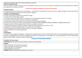 Luego de ver el video la maestra les realiza las siguientes preguntas.
RECOJO DE SABERES PREVIOS:
¿Por qué el barco se hundió la primera vez?, ¿Por qué Mickey compro otro barco?, ¿Por qué compro un segundo barco?,¿qué le gustaba más a Mickey?,
¿Uds. alguna vez han subido a un barco?.
La maestra les comparte el propósito y los criterios de evaluación
PROBLEMATIZACIÓN
La maestra les dice que el día de hoy la miss Valentina……les enseñará un juego del barco ¿cómo creen que se juegue este juego?, ¿cómo será el barco?,
¿Cuántos podrán subir al barco?, ¿será un barco chiquito o grande?
GESTIÓN Y ACOMPAÑAMIENTO
La maestra les dice que miss Valentina les explicará el juego:
1° todos los niños y niñas saldrán al patio
2° La maestra les dice que todo el patio es el inmenso mar y le salpica gotitas de agua con un espray
3° Les dice que en el piso están los aros que simularan ser los barquitos
4° todos harán una gran rondan y giraran al ritmo de una canción “El barquito chiquitito”
5°La maestra se da cuenta que el barco se hunde y GRITA: EL BARCO SE ESTA HUNDIENDO SUBAN A LOS BARCOS Y FORMEN GRUPOS DE A 2
6°Luego se revisará si todos los grupos tienen 2 niños, los que sobren se sentarán
7° Nuevamente regresan a la ronda y la maestra nuevamente repite el grito con otros números: 2,3,4,5…..
El juego termina cuando solo queden pocos niños y niñas que no se hundieron
Al final del juego los niños ordenan el material y realizan sus juegos de relajación.
En el aula desarrollan una ficha de agrupaciones.
CIERRE:
EVALUACIÓN:
La maestra realiza las siguientes preguntas: ¿cuántos niños se quedaron hasta el final?, ¿Cuántos podían entrar a los barcos pequeños?, ¿grupos de cuantos
formaron?, ¿qué pasaba con los niños que se quedaban sin grupos?, ¿Qué aprendieron en este juego?, ¿Por qué se equivocaban los niños?, ¿Qué pasaba?,
¿Qué se les hizo difícil?, ¿Por qué?, ¿cómo lo solucionaron?
TALLER DE PSICOMOTRICIDAD
ACTIVIDAD: “Mi barco de papel”
COMPETENCIA: Se desenvuelve de manera autónoma a través de su psicomotricidad
CRITERIO:
-Realiza movimientos motrices de manera autónoma.
-Realiza movimientos de coordinación óculo manual
-Muestra seguridad en sus movimientos
-Muestra habilidades motrices finas
EVIDENCIA: Realizan movimientos de coordinación con sus manos
 