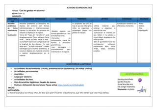 ACTIVIDAD DE APREDIZAJE No 1
TÍTULO: “Con los globos me divierto”
FECHA: lunes 31
PROPÓSITO:
COMPETENC
IAS
ESTANDAR DE APRENDIZAJE CAPACIDADES PROPÓSITO CRITERIO EVIDENCIAS RECURSOS
Resuelve
problemas
de forma
movimiento
y
localización
Resuelve problemas al relacionar los
objetos del entorno con formas
bidimensionales y tridimensionales.
Expresa la ubicación de personas en
relación a objetos en el espacio
“cerca de” “lejos de” “al lado de”, y de
desplazamientos “hacia adelante, hacia
atrás”, “hacia un lado, hacia el otro”.
Así también expresa la comparación de
la longitud de dos objetos: “es más
largo que”, “es más corto que”. Emplea
estrategias para resolver problemas, al
construir objetos con material concreto
o realizar desplazamientos en el
espacio
-Modela objetos con
formas geométricas y sus
transformaciones.
-Comunica su
comprensión sobre las
formas y relaciones
geométricas.
-Usa estrategias y
procedimientos para
orientarse en el espacio
El propósito del día de
hoy es que las niñas y los
niños se organicen y
propongan juegos con
globos en equipo.
-Utiliza material para
ordenar y organizar la
posición de este.
-Comunican la manera en
que deben ir las globos y
cómo deben desplazarse los
niños y niñas.
-Dice lo que deben hacer los
participantes utilizando
expresiones: lejos, cerca,
arriba, abajo, sentados,
parados.
Construyen números con
diferentes elementos.
-Radio
-Globos
-Pito
Papelógrafo
DESCRIPCIÓN DE LA ACTIVIDAD
- Actividades de recibimiento (saludo, presentación de la maestra y los niños y niñas)
- Actividades permanentes
- Asamblea
- Juego por sectores
- Actividades de aseo
- Uso de servicios higiénicos: lavado de manos
- Rutinas: Activación de neuronas/ Pausa activa https://youtu.be/shObiKspBqQ
INICIO:
MOTIVACIÓN:
La maestra saluda a los niños y niñas, les dice que quiere hacerles una adivinanza, que ellos tienen que estar muy atentos:
 