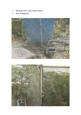 .-)   Manguera de ¾” (tipo culebra-verde).
.-)   Pico de Regadera.
 