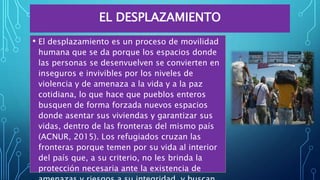 EL DESPLAZAMIENTO
• El desplazamiento es un proceso de movilidad
humana que se da porque los espacios donde
las personas se desenvuelven se convierten en
inseguros e invivibles por los niveles de
violencia y de amenaza a la vida y a la paz
cotidiana, lo que hace que pueblos enteros
busquen de forma forzada nuevos espacios
donde asentar sus viviendas y garantizar sus
vidas, dentro de las fronteras del mismo país
(ACNUR, 2015). Los refugiados cruzan las
fronteras porque temen por su vida al interior
del país que, a su criterio, no les brinda la
protección necesaria ante la existencia de
 