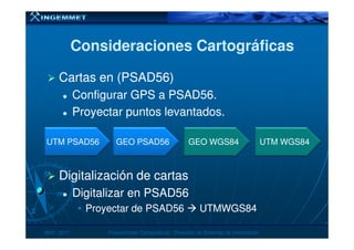 Consideraciones CartográficasConsideraciones Cartográficas
Cartas en (PSAD56)Cartas en (PSAD56)
Configurar GPS a PSAD56.Configurar GPS a PSAD56.
Proyectar puntos levantados.Proyectar puntos levantados.
Digitalización de cartasDigitalización de cartas
Digitalizar en PSAD56Digitalizar en PSAD56
•• Proyectar de PSAD56Proyectar de PSAD56 UTMWGS84UTMWGS84
AbrilAbril -- 20112011 Proyecciones CartográficasProyecciones Cartográficas -- Dirección de Sistemas de InformaciónDirección de Sistemas de Información
UTM PSAD56 GEO PSAD56 GEO WGS84 UTM WGS84
 