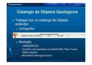 Catalogo de Objetos GeológicosCatalogo de Objetos Geológicos
Trabajar con un catalogo de ObjetosTrabajar con un catalogo de Objetos
estándar.estándar.
Cartografía.Cartografía.
Geología.Geología.
•• USGSUSGS(EEUU)(EEUU)
•• ComisionComision cartacarta geologicageologica mundialmundial(CCGM), Paris, France(CCGM), Paris, France
•• IGME (España)IGME (España)
•• BGS BritishBGS British GeologicalGeological SurveySurvey
AbrilAbril -- 20112011 Proyecciones CartográficasProyecciones Cartográficas -- Dirección de Sistemas de InformaciónDirección de Sistemas de Información
 
