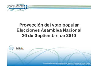 Proyección del voto popular
Elecciones Asamblea Nacional
  26 de Septiembre de 2010




           Consultoría Estratégica – Investigación de Mercado – Estudios de Opinión Pública
                                www.consultores21.com   Teléfonos (58-212) 211.2121, 242.6022 FAX: (58-212) 2425342
 