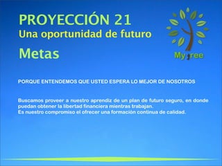 PROYECCIÓN 21
Una oportunidad de futuro

Metas
PORQUE ENTENDEMOS QUE USTED ESPERA LO MEJOR DE NOSOTROS


Buscamos proveer a nuestro aprendiz de un plan de futuro seguro, en donde
puedan obtener la libertad financiera mientras trabajan.
Es nuestro compromiso el ofrecer una formación continua de calidad.
 
