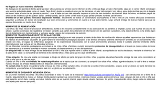 Ha llegado un nuevo miembro a la familia
Se dialoga con los padres de familia para que sean ellos quienes por primera vez le informen al niño o niña que llega un nuevo hermanito, luego en el centro infantil se trabajan
una serie de actividades tales como: el cuento “llegó Erick” donde se resalta el amor por los hermanos, el valor del comparti r con ellos y sobre todo decirles que con la llegada
del nuevo bebe, el amor de los padres no cambia, y que él bebe por ser más pequeño requiere un poco de más cuidados, se observan fotos de bebes, se realizan juegos de
roles con las muñecos que los puedan bañar, cambiar pañal y dar de comer y entre todo el grupo pensar posibles nombres para el bebé.
(Perdida de un ser querido, mascota o separación familiar). Inicialmente se realiza un conversatorio acompañando al niño o niña de una manera afectuosa brindándole
seguridad y confianza en donde se escucharán sus voces emociones y sentimientos en cuanto a lo que está viviendo, luego se hará entrega de diverso material para que se
exprese libremente por medio de un dibujo.
MOMENTOS DE ALIMENTACIÓN
Los niños y las niñas inician el proceso de alimentación, donde se les recuerda constantemente el uso adecuado de los utensilios a emplear, puesto que muchos en casa no los
utilizan, cuando sea el caso de inapetencia se revisan variables que parten de la obtención de información con los padres o cuidadores, si ha estado enfermo, si ha tenido algún
tipo de tratamiento con medicamentos, y se busca ayuda y apoyo del componente de nutrición.
MOMENTOS TRANSICIONALES DENTRO DE LA ATENCIÓN
El equipo interdisciplinario participará de las experiencias pedagógicas en este proyecto a través de los hitos de movilización además aquellas experiencias que fortalezcan
los hábitos de alimentación saludable, de igual manera la coordinadora pedagógica apoyará a las familias brindando diferente información teniendo así un acercamiento más
directo con ellas, el equipo de enfermeras apoyaran en las experiencias relacionadas con la salud promoviendo procesos desde el cuidado además brindando oferta
interinstitucional que se tiene en los diferentes territorios.
En los diferentes momentos pedagógicos se motivará a los niños, niñas y familias a cumplir siempre los protocolos de bioseguridad con el lavado de manos antes de iniciar
las experiencias y al terminar además de manera constante, el distanciamiento y el uso del tapabocas.
Un amiguito más: se hace entrega de una escarapela al niño o niña que ingrese nuevo o nueva al jardín infantil, acompañados de voces afectuosas, mediante la dinámica “en
el patio de mi casa”, se compartirá los nombres de los demás niños y niñas para que los vaya identificando.
Chao amiguito: Se crea una tarjeta con mensajes o dibujos de afecto por parte del grupo de niños, niñas y agentes educativas haciendo entrega de esta como recordatorio al
niño o niña que va a salir del jardín.
Cuando un niño o niña es cambiado de espacio significativo se le explica que va a conocer y a compartir con otros niños, niñas y agente educativa, lo cual lo lleva a realizar
nuevos vínculos de amistad fortaleciendo sus relaciones interpersonales.
Yo cumplí años: Se tiene en cuenta la fecha en la que los niños y niñas cumplen años, en este día se canta el feliz cumpleaños, se pasa a dar un abrazo por parte de todos los
compañeros y compañeras, el homenajeado sale con un globo por su celebración.
MOMENTOS DE DUELO POR VIOLENCIA SOCIAL
En un primer momento las niñas y los niños observarán el video “el vuelo de la mariposa” https://www.youtube.com/watch?v=_RqjTg_kii0 para introducirlos en el tema de la
muerte, seguidamente se realiza un diálogo donde puedan expresar sus conocimientos, creencias miedos y dudas acerca del tema a tratar, después de esto el niño o niña que
está pasando por el duelo, cuenta una breve historia sobre su ser querido (mamá, papá, abuela, abuelo, hermano, tío, primo, mascota entre otros); luego cada uno elaborará
una tarjeta para ese ser que partió.
 