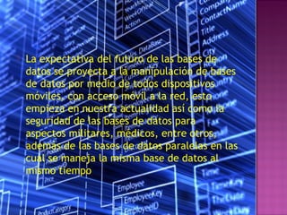  La expectativa del futuro de las bases de
datos se proyecta a la manipulación de bases
de datos por medio de todos dispositivos
móviles, con acceso móvil a la red, esto
empieza en nuestra actualidad así como la
seguridad de las bases de datos para
aspectos militares, médicos, entre otros,
además de las bases de datos paralelas en las
cual se maneja la misma base de datos al
mismo tiempo
 