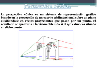 La perspectiva cónica es un sistema de representación gráfico
basado en la proyección de un cuerpo tridimensional sobre un plano
auxiliándose en rectas proyectantes que pasan por un punto. El
resultado se aproxima a la visión obtenida si el ojo estuviera situado
en dicho punto
 