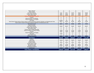 73,513 97,071 128,178 169,253 223,490 
88,460 104,527 123,513 145,948 172,457 
176,410 205,659 239,757 279,509 325,851 
0 0 0 0 0 
0 0 0 0 0 
0 0 0 0 0 
24,029.67 0.00 0.00 0.00 0.00 
362,413 407,257 491,448 594,709 721,798 
0 0 0 0 0 
362,413 407,257 491,448 594,709 721,798 
239,495 285,753 340,945 406,798 485,370 
0 0 0 0 0 
0 0 0 0 0 
0 0 0 0 0 
109,282 115,154 121,343 127,863 134,734 
98,320 112,660 129,092 147,921 169,495 
0 0 0 0 0 
87,429 0 0 0 0 
0 0 0 0 0 
534,526 513,567 591,380 682,582 789,599 
896,939 920,824 1,082,827 1,277,290 1,511,398 
1,259,915 1,259,915 1,259,915 1,259,915 1,259,915 
0 0 0 0 0 
176,213 176,213 176,213 176,213 176,213 
0 0 0 0 0 
68,507 101,385 150,043 222,053 328,623 
427,364 542,552 688,786 874,435 1,110,123 
0 0 0 0 0 
1,931,999 2,080,065 2,274,957 2,532,617 2,874,874 
2,828,937 3,000,889 3,357,785 3,809,907 4,386,271 
12 
Pasivos y Patrimonio 
Pasivos Corrientes 
Otros Pasivos Financieros 
Cuentas por Pagar Comerciales 
Otras Cuentas por Pagar 
Cuentas por Pagar a Entidades Relacionadas 
Provisiones 
Pasivos por Impuestos a las Ganancias 
Provisión por Beneficios a los Empleados 
Otros Pasivos 
Total de Pasivos Corrientes distintos de Pasivos incluidos en Grupos de Activos para su Disposición Clasificados como Mantenidos para la Venta 
Pasivos incluidos en Grupos de Activos para su Disposición Clasificados como Mantenidos para la Venta 
Total Pasivos Corrientes 
Pasivos No Corrientes 
Otros Pasivos Financieros 
Cuentas por Pagar Comerciales 
Otras Cuentas por Pagar 
Cuentas por Pagar a Entidades Relacionadas 
Pasivos por Impuestos a las Ganancias Diferidos 
Provisiones 
Provisión por Beneficios a los Empleados 
Otros Pasivos 
Ingresos Diferidos (netos) 
Total Pasivos No Corrientes 
Total Pasivos 
Patrimonio 
Capital Emitido 
Primas de Emisión 
Acciones de Inversión 
Acciones Propias en Cartera 
Otras Reservas de Capital 
Resultados Acumulados 
Otras Reservas de Patrimonio 
Total Patrimonio 
TOTAL PASIVO Y PATRIMONIO 
 