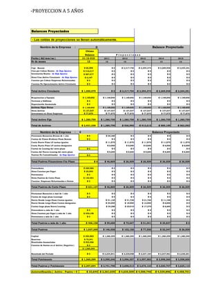 -PROYECCION A 5 AÑOS 
Balances Proyectados 
- Las celdas de proyecciones se llenan automáticamente. 
Nombre de la Empresa : 0 Balance Proyectado 
Ultimo 
Balance P r o y e c c i o n e s 
Fecha ( dd/mm/aa ) 31-12-010 2011 2012 2013 2014 2015 
Nr de meses 12 12 12 12 12 12 
Caja - Bancos $ 60,598 $ 0 -$ 2,317,754 -$ 2,294,374 -$ 2,269,948 -$ 2,244,351 
Ctas por Cobrar Reales - de Hoja Ajustes $ 416,317 $ 0 $ 0 $ 0 $ 0 $ 0 
Inventarios Reales - de Hoja Ajustes $ 567,477 $ 0 $ 0 $ 0 $ 0 $ 0 
Otras Ctas Activo Circulante - de Hoja Ajustes $ 6,187 $ 0 $ 0 $ 0 $ 0 $ 0 
Cuantas por Cobrar Empresas Relacionadas $ 0 $ 0 $ 0 $ 0 $ 0 $ 0 
Cuentas No Operacionales Activo Circulante $ 0 $ 0 $ 0 $ 0 $ 0 $ 0 
Total Activo Circulante $ 1,050,579 $ 0 -$ 2,317,754 -$ 2,294,374 -$ 2,269,948 -$ 2,244,351 
Maquinarias y Equipos $ 1,165,852 $ 1,165,852 $ 1,165,852 $ 1,165,852 $ 1,165,852 $ 1,165,852 
Terrenos y Edificios $ 0 $ 0 $ 0 $ 0 $ 0 $ 0 
Depreciación Acumulada $ 0 $ 0 $ 0 $ 0 $ 0 $ 0 
Activos Fijos Netos $ 1,165,852 $ 1,165,852 $ 1,165,852 $ 1,165,852 $ 1,165,852 $ 1,165,852 
Otros Activos $ 137,037 $ 137,037 $ 137,037 $ 137,037 $ 137,037 $ 137,037 
Inversiones en Otras Empresas $ 77,870 $ 77,870 $ 77,870 $ 77,870 $ 77,870 $ 77,870 
Total Activo Fijo $ 1,380,759 $ 1,380,759 $ 1,380,759 $ 1,380,759 $ 1,380,759 $ 1,380,759 
Total de Activos $ 2,431,338 $ 1,380,759 -$ 936,995 -$ 913,615 -$ 889,189 -$ 863,592 
Nombre de la Empresa : 0 Balance Proyectado 
Prestamos Bancarios Menos de 1 año $ 0 $ 20,360 $ 0 $ 0 $ 0 $ 0 
Cuotas de Ptmos Mediano Plazo Bancos $ 0 $ 0 $ 0 $ 0 $ 0 $ 0 
Cuota Nuevo Ptmo LP cuotas iguales $ 11,870 $ 11,870 $ 11,870 $ 11,870 $ 11,870 
Cuota Nuevo Ptmo LP cuotas desiguales $ 6,000 $ 6,000 $ 6,000 $ 6,000 $ 6,000 
Cuotas de Leasing del corto plazo $ 0 $ 0 $ 0 $ 0 $ 0 $ 0 
Cuotas del Nuevo Leasing del corto plazo $ 8,640 $ 8,640 $ 8,640 $ 8,640 $ 8,640 
Pasivos No Contabilizados - de Hoja Ajustes $ 0 
Total Pasivos Financieros Cto Plazo $ 0 $ 46,869 $ 26,509 $ 26,509 $ 26,509 $ 26,509 
Proveedores $ 480,563 $ 0 $ 0 $ 0 $ 0 $ 0 
Otras Cuentas por Pagar $ 20,093 $ 0 $ 0 $ 0 $ 0 $ 0 
Provisiones $ 0 $ 0 $ 0 $ 0 $ 0 $ 0 
Otros Pasivos de Corto Plazo $ 130,481 $ 0 $ 0 $ 0 $ 0 $ 0 
Cuentas Empresas Relacionadas o Socios $ 0 $ 0 $ 0 $ 0 $ 0 $ 0 
Total Pasivos de Corto Plazo $ 631,137 $ 46,869 $ 26,509 $ 26,509 $ 26,509 $ 26,509 
Prestamos Bancarios a más de 1 año $ 0 $ 0 $ 0 $ 0 $ 0 $ 0 
Cuotas de largo plazo Leasings $ 0 $ 0 $ 0 $ 0 $ 0 $ 0 
Nueva Deuda Largo Plazo Cuotas iguales $ 41,130 $ 31,728 $ 21,762 $ 11,198 $ 0 
Nueva Deuda Largo Plazo Cuotas desiguales $ 24,000 $ 18,000 $ 12,000 $ 6,000 $ 0 
Cuotas largo plazo Nuevo Leasing $ 34,558 $ 25,919 $ 17,279 $ 8,640 $ 0 
Proveedores a más de 1 año $ 0 $ 0 $ 0 $ 0 $ 0 $ 0 
Otras Cuentas por Pagar a más de 1 año $ 406,158 $ 0 $ 0 $ 0 $ 0 $ 0 
Provisiones a más de 1 año $ 0 $ 0 $ 0 $ 0 $ 0 $ 0 
Total Pasivos a más de 1 año $ 406,158 $ 99,688 $ 75,647 $ 51,041 $ 25,837 $ 0 
Total Pasivos $ 1,037,295 $ 146,558 $ 102,156 $ 77,550 $ 52,347 $ 26,509 
Capital $ 382,502 $ 1,360,399 $ 1,360,399 $ 1,360,399 $ 1,360,399 $ 1,360,399 
Reservas $ 75,341 
Resultados Acumuladas $ 902,556 
Cuentas de Socios en el Activo ( Negativo ) $ 0 
$ 1,360,399 
Resultado del Período $ 0 $ 2,234,841 $ 2,235,958 $ 2,237,184 $ 2,237,961 $ 2,238,201 
Total Patrimonio $ 1,360,399 $ 3,595,240 $ 3,596,357 $ 3,597,583 $ 3,598,360 $ 3,598,600 
Total Pasivos y Patrimonio $ 2,397,694 $ 3,741,798 $ 3,698,513 $ 3,675,133 $ 3,650,707 $ 3,625,110 
Autoverificación ( Activo - Pasivo = 0 ) $ 33,644 -$ 2,361,039 -$ 4,635,509 -$ 4,588,748 -$ 4,539,896 -$ 4,488,701 
 